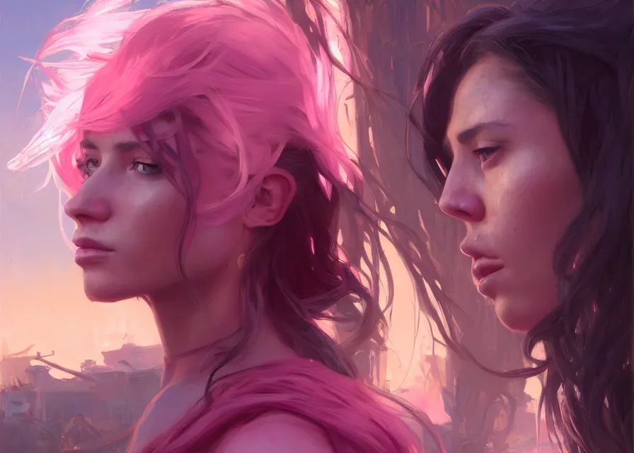 Image similar to an portrait of a beautiful female survivor in a pink t shirt, apocalyptic city backround, shiny skin, flowing tied hair, fine details. night setting. realistic shaded lighting poster by craig mullism, artgerm, jeremy lipkin and michael garmash, unreal engine, radiant light, detailed and intricate environment, digital art, trending on art station,