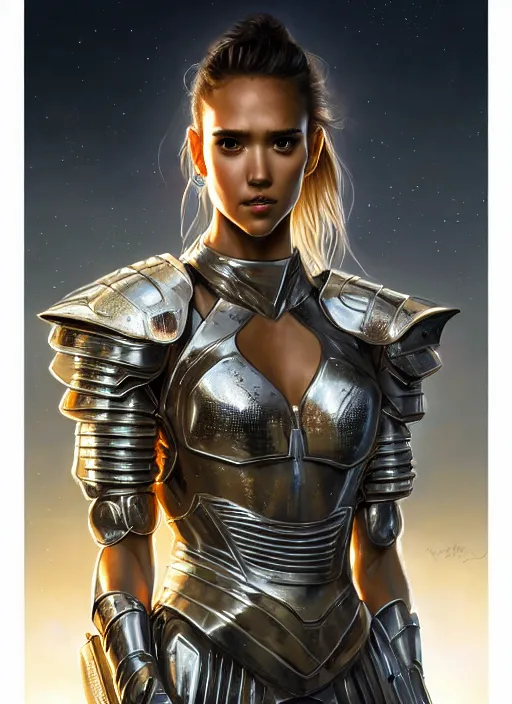 Image similar to portrait of a beautiful female soldier from the future wearing armor, jessica alba, intricate, elegant, glowing lights in armor, highly detailed, digital painting, artstation, glamor pose, concept art, smooth, sharp focus, illustration, epic angle, art by artgerm and greg rutkowski, artey freytag, alvin schwartz