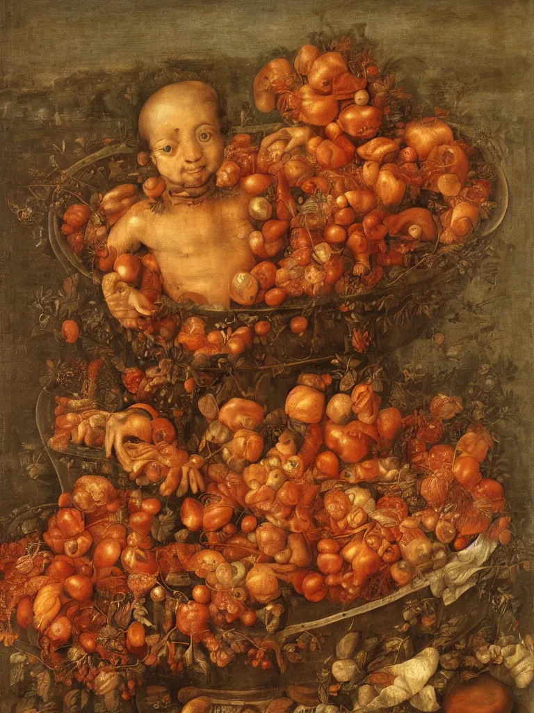 Image similar to a boy sitting in a tub full of tomato sauce, by giuseppe arcimboldo, renaissance, portrait, fruit, detailed oil paint, high definition