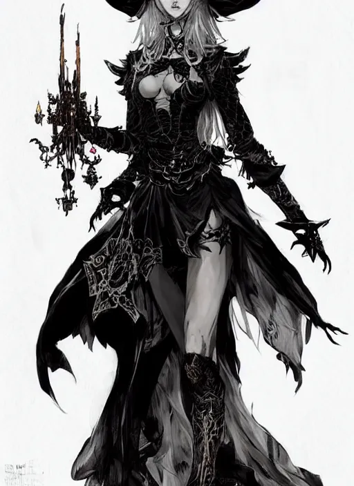 Image similar to beautiful human witch with blonde short curtly hair in intricate ornate witch robe, haughty evil look, witch hat. in style of yoji shinkawa and hyung - tae kim, trending on artstation, dark fantasy, great composition, concept art, highly detailed, dynamic pose.