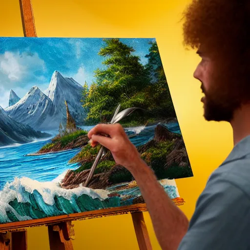 Image similar to a closeup photorealistic photograph of bob ross working on a canvas painting of aquaman. film still. brightly lit scene. mountains and trees. this 4 k hd image is trending on artstation, featured on behance, well - rendered, extra crisp, features intricate detail, epic composition and the style of unreal engine.