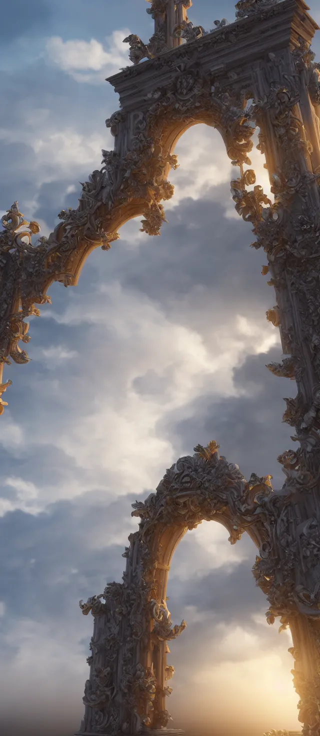 Prompt: golden gates to heaven, fog, dramatic soft light, fluffy clouds, high details unreal engine octane render