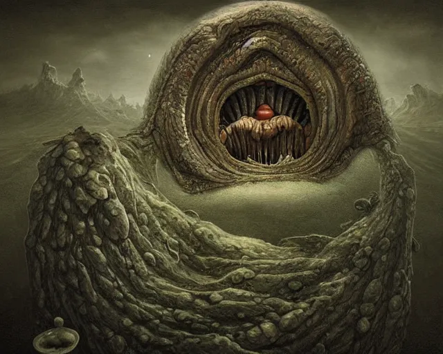 Image similar to a painting of a strange landscape inside the mouth of an otherworldly creature, by anton semenov