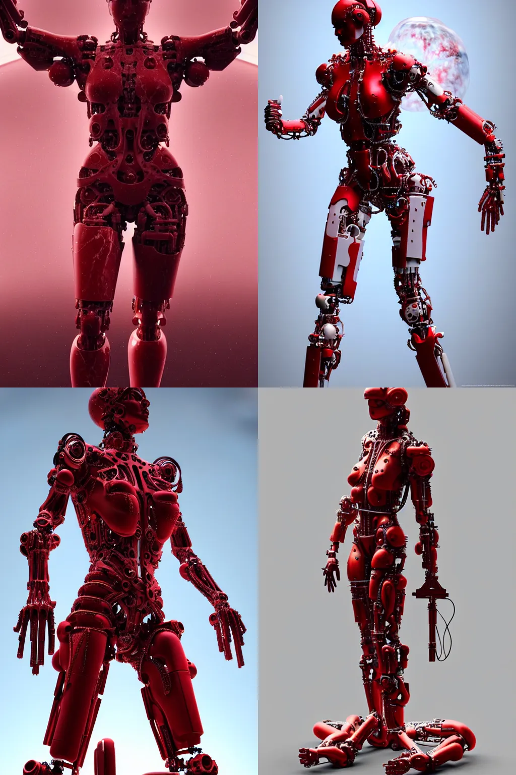Prompt: a statue made of red marble, full body shot, jesus on cross, perfect body, white biomechanical, inflateble shapes, wearing epic bionic cyborg implants, masterpiece, intricate, biopunk futuristic wardrobe, vogue, highly detailed, artstation, concept art, background galaxy, cyberpunk, octane render