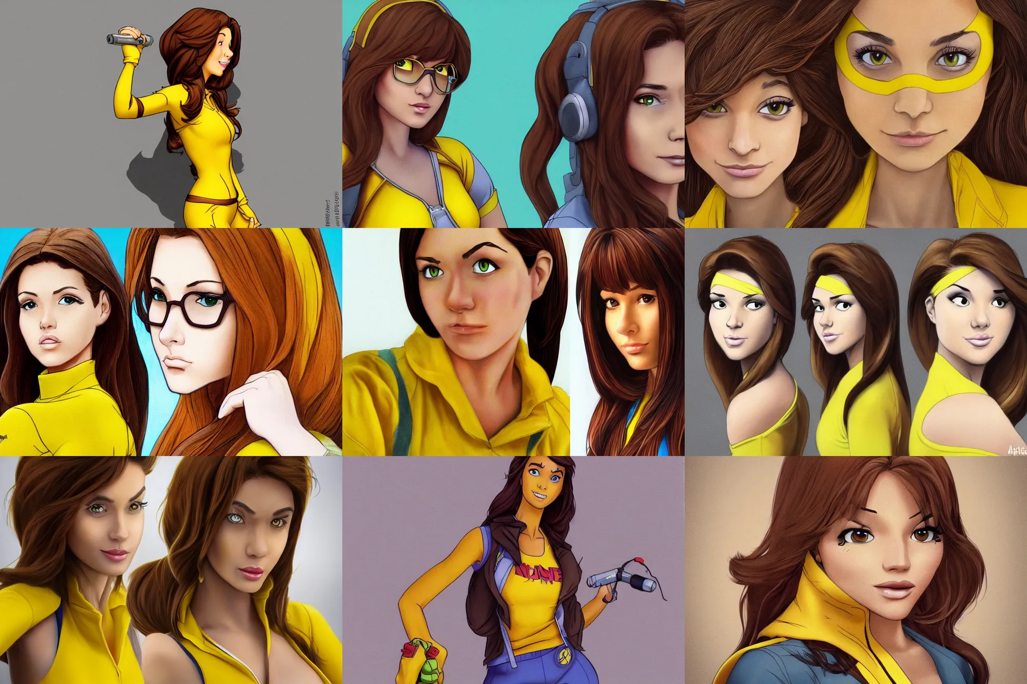 Prompt: beautiful brown hair female reporter in a yellow jumpsuit character april o ’ neil from animated series teenage mutant ninja turtles ( tmnt 1 9 8 7 ), hyperrealism, full body photogenic shot, cute - fine - face, pretty face, realistic shaded perfect face, fine details by boris valejo, trending on art station