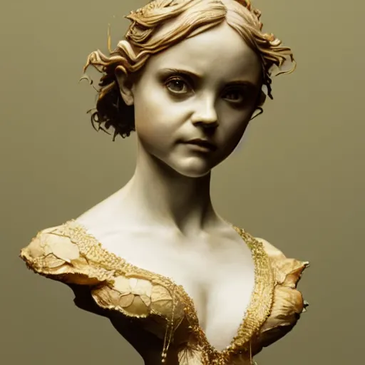 Image similar to beautiful lifelike award winning marble statue bust of christina ricci trending on art station scary artgerm greg rutkowski alphonse mucha museum quality cinematic atmospheric