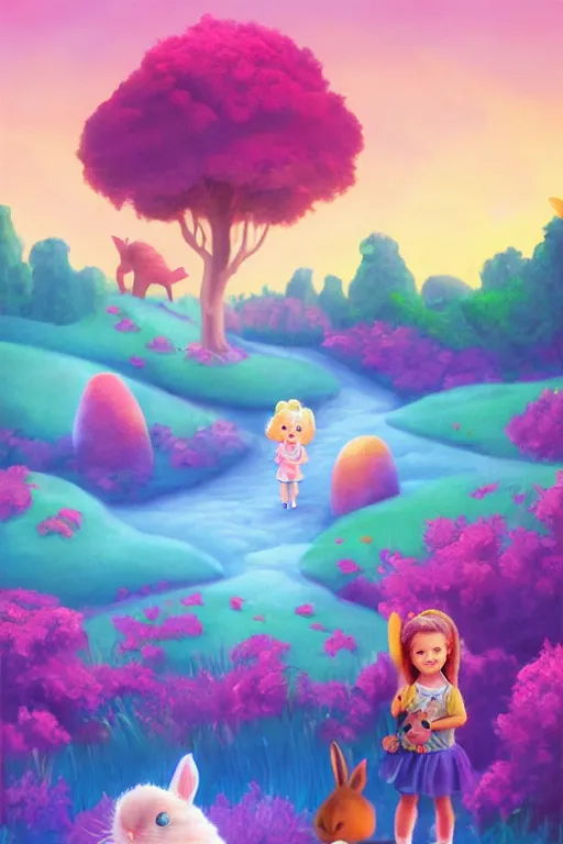 Prompt: matte sharp painting cute little girl and rabbit landscape painted by mark rydel and lisa frank, on artstation behance