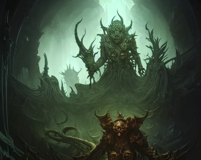 Image similar to 4 k cinematic still portrait of a demon in a dark liminal space room, nurgle rot, deep focus, d & d, fantasy, intricate, repulsive, highly detailed, digital art, art station, concept art, matte, sharp focus, illustration, dark fantasy art, hearthstone, art by artgerm and greg rutkowski and alphonse mucha