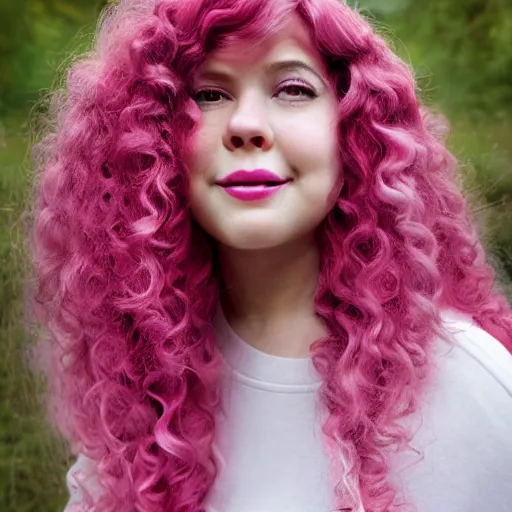 Image similar to dream a photograph of rose quartz from steven universe, portrait photography, 85mm, iso 400, focus mode, a kind expression, rosy chubby cheeks, detailed portrait, gigantic pink ringlets, huge curly pink hair, tight gigantic pink curls, warm features, a beautiful smile, bangs, plus size, white dress, gorgeous, kind features, beautiful woman, flattering photo, daylight