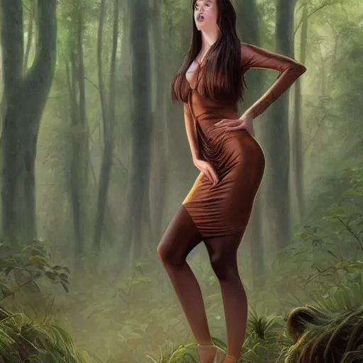 Prompt: full body portrait of a female wearing a skintight dress in a forest, large thighs, perfect face, intricate, elegant, highly detailed, digital painting, artstation, smooth, sharp focus, illustration, art by artgerm and greg rutkowski and alphonse mucha, 8 k