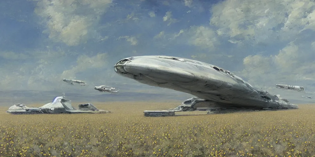 Prompt: Fernand Khnopff super technologies white giant spaceship starship battlestar airship landed laying in center on tansy wormwood field, snowy mountain afar by Fernand Khnopff by john berkey, oil painting, concept art