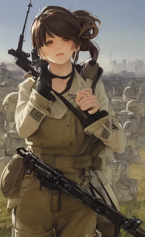 Prompt: panoramic view, a pilot girl, soldier clothing, battlefield in background, anime style, hair down, symmetrical facial features, realistic hands, from arknights, hyper realistic, 4 k, extreme detail, 1 0 1 st airborne, trending artstation, safebooru, realistic lighting, by alphonse mucha, greg rutkowski, sharp focus