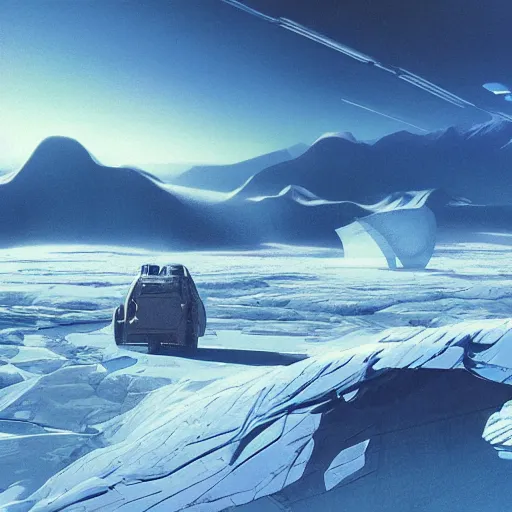 Image similar to Frozen frontiers on an alien planet, floating mountains above clouds in the background, vanishing perspective of a road, ravine, Syd Mead, John Harris, Federico Pelat,