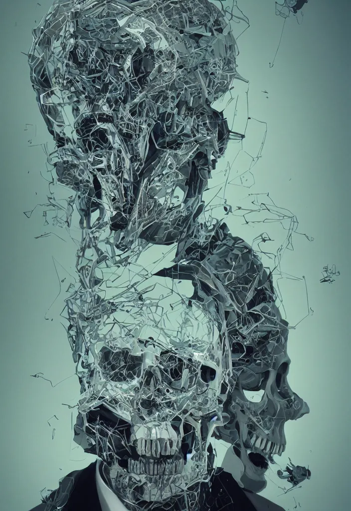 Image similar to portrait of a skull in a suit. intricate abstract. intricate artwork. nightmare fuel. by Tooth Wu, wlop, beeple, dan mumford. octane render, trending on artstation, greg rutkowski very coherent symmetrical artwork. cinematic, hyper realism, high detail, octane render, 8k, iridescent accents