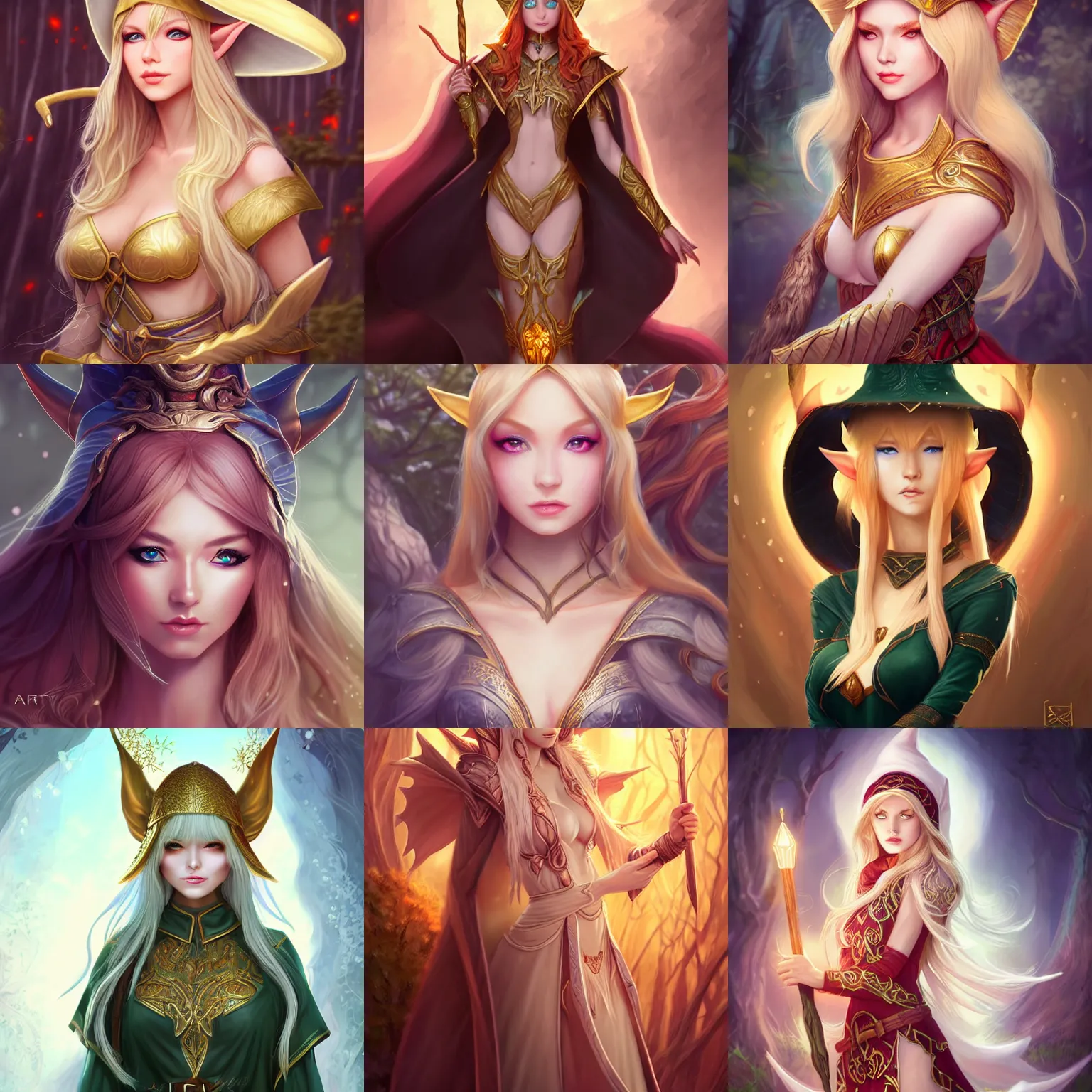 Image similar to full body portrait beautiful elf sorceress, skintight robes, hat, tunic, detailed face, golden hair, big red eyes, white skin, forest, scepter, high fantasy, extemely detailed, dnd, smooth, sharp focus, digital illustration, by artgerm, sakimichan, rossdraws