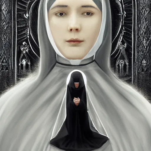 Prompt: a nun with long black hair, praying for the sun god in a cathedral. Epic fantasy, 4k. realistic. Detailed. face. portrait. Digital painting. Sharp focus, illustration, Beautiful, gorgeous. Cinematic. Dramatic. High contrast. artstation. smooth.