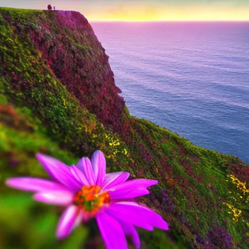 Prompt: flower on the edge of a cliff, cliff edge, colorful flower, sunset, beautiful colors, color palette, concept art, high detail, dramatic angle