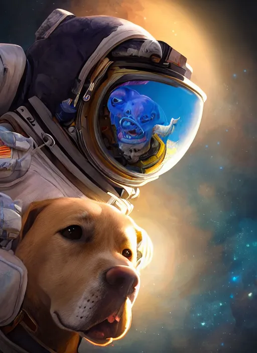 Image similar to An epic fantasy comic book style portrait painting of a dog astronaut in space, unreal 5, DAZ, hyperrealistic, octane render, cosplay, RPG portrait, dynamic lighting