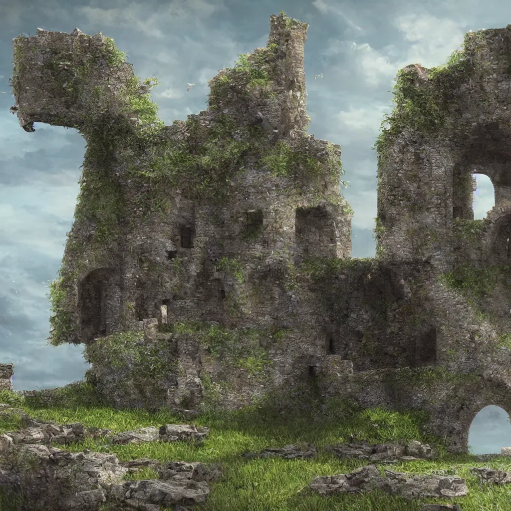 Image similar to looking up at a ruined castle on a small island only reachable by a small land bridge, 8 k, ultra realistic cinematic, intricate, cinematic light, concept art, illustration, art station