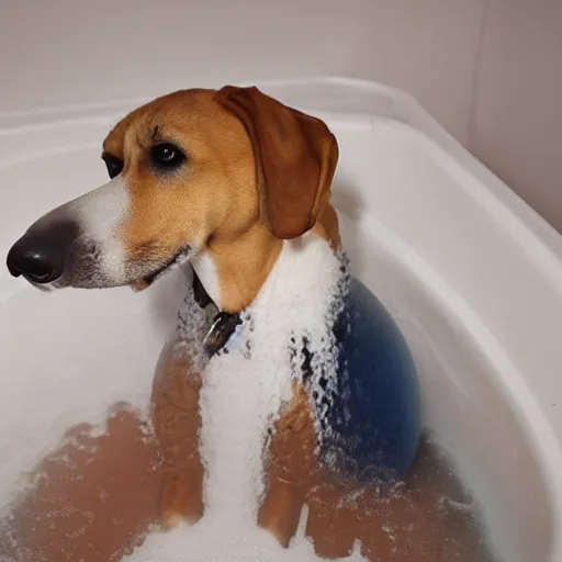 Image similar to a cute realistic foxhound dog wearing clothes whilst in a bubble bath