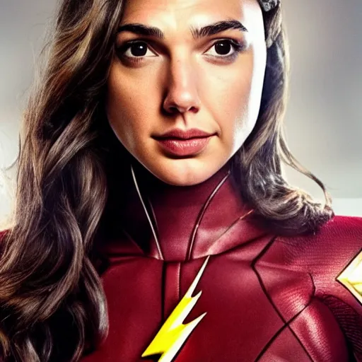Image similar to an potrait of gal Gadot cast of movie the flash and wearing a flash suit, photorealistic high detail, view from below, full body shot.