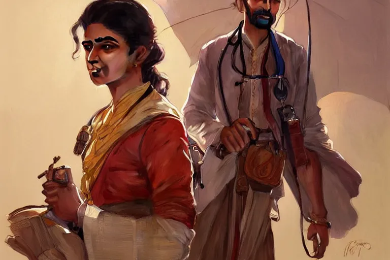 Image similar to Anxious good looking pale young Indian doctors wearing Western clothes at the airport, portrait, elegant, intricate, digital painting, artstation, concept art, smooth, sharp focus, illustration, art by artgerm and greg rutkowski and alphonse mucha