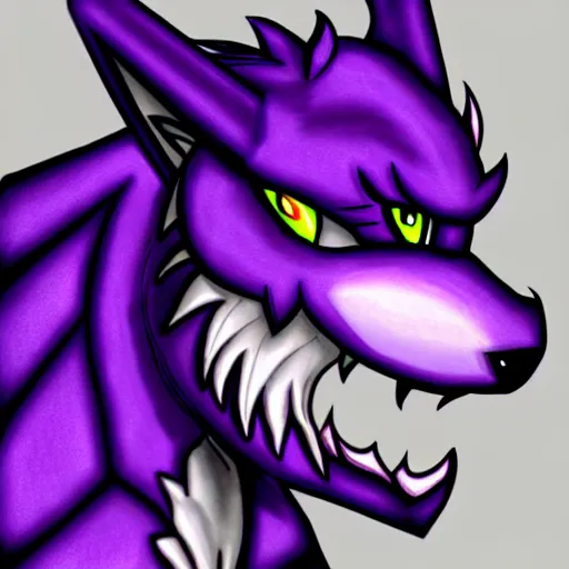 Prompt: giant muscular purple wolf dragon, generic furry style, wearing jeans and a crop top, deviantart, professional furry drawing, insanely detailed, artistic design, wolf - like face