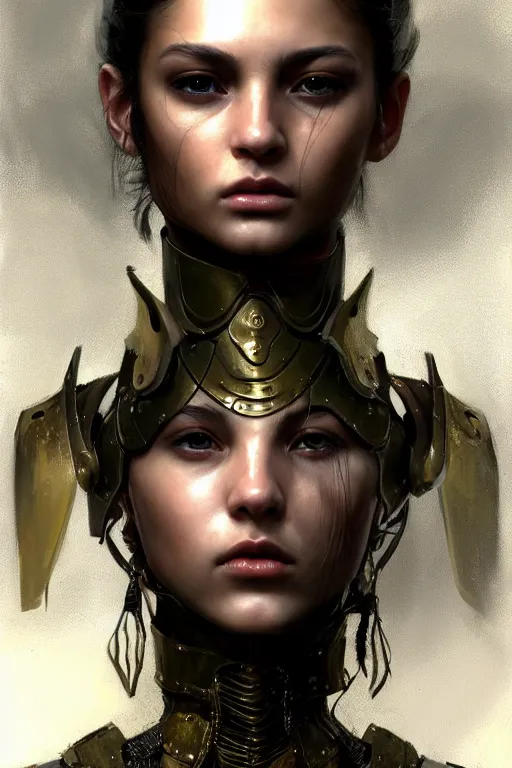 Image similar to a photorealistic painting of an attractive young girl, partially clothed in metal-plated battle armor, olive skin, long dark hair, beautiful bone structure, symmetrical face, perfect eyes, intricate, elegant, digital painting, concept art, illustration, sharp focus, minimal artifacts, from Metal Gear, in the style of Ruan Jia and Mandy Jurgens and Greg Rutkowski, trending on Artstation, award winning