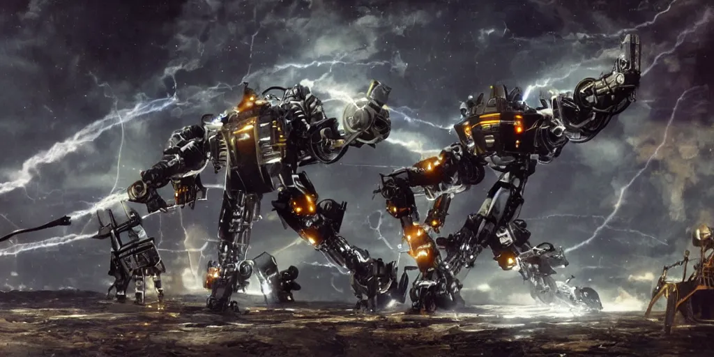 Prompt: an epic scene of Nikola Tesla, piloting an electrified mech suit, in the year 2139