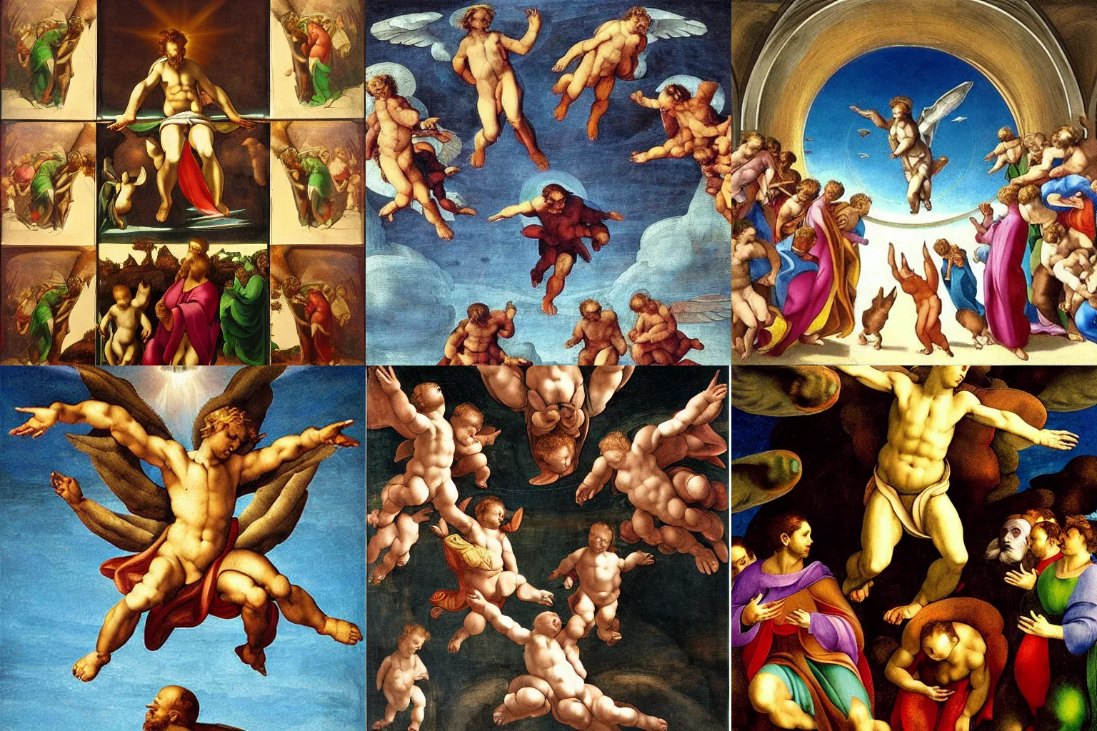 Prompt: bunnies ascending from heaven with halo Michelangelo painting realistic