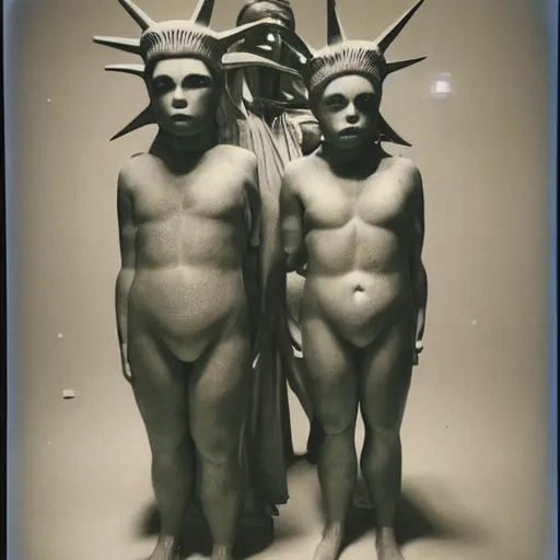 Image similar to three humanoid replicants who look like the statue of liberty, stand uncomfortably close to the camera, polaroid, flash photography, photo taken in a completely dark storage room where you can see some empty boxes in the background, very thick thighs