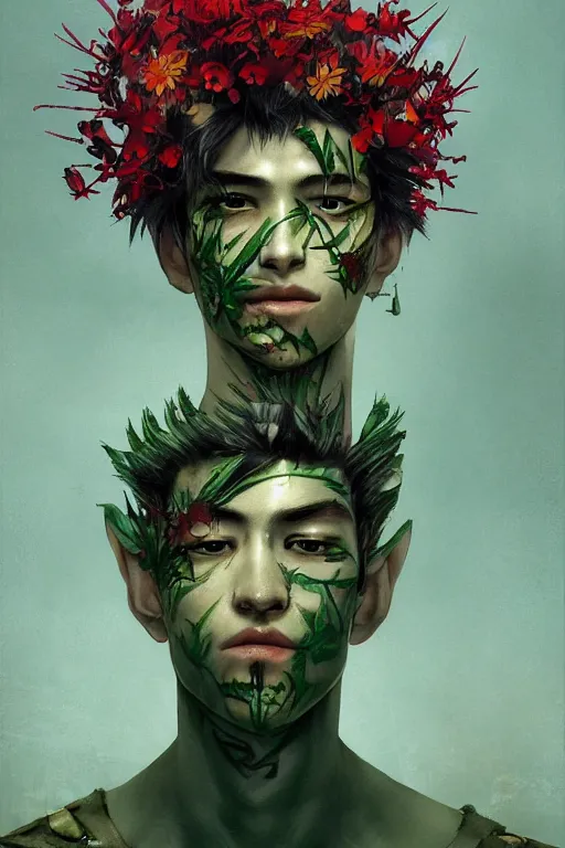 Prompt: portrait of beautiful young man, warhammer, japanic style, cyberpunk, a lot of scars, more and more flowers, green head, sun side, some red water, the middle ages, highly detailed, artstation, illustration, artgerm sylvari portrait, 8 k quality, painting by georges de la tour