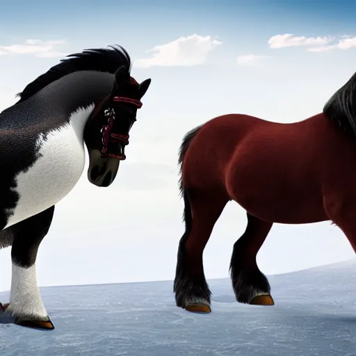 Prompt: horse, clydesdale horse, the penguin is riding on the horse's back