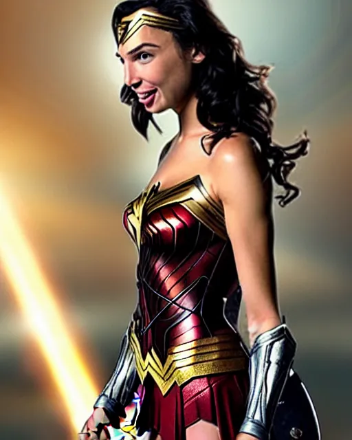 Image similar to gal gadot as she crinkles her nose while laughing, dressed as wonder woman, photorealistic, hdr, color, hyperreal