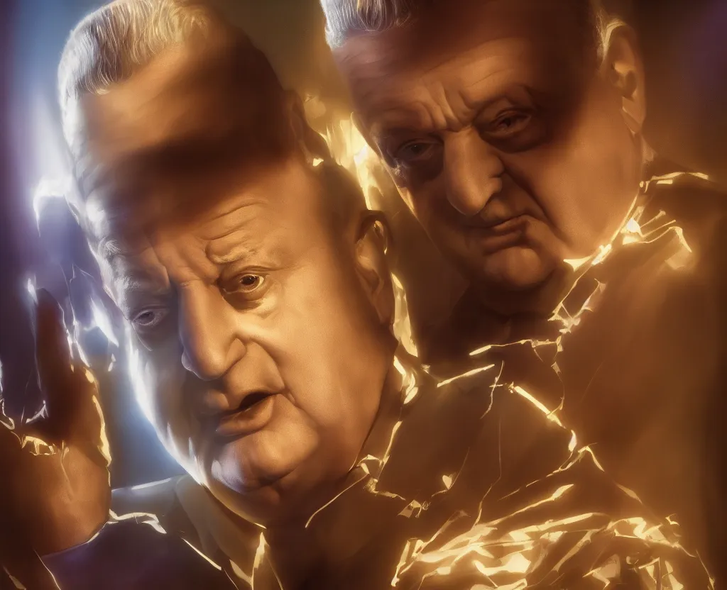 Prompt: dramatic portrait of Rodney Dangerfield, bloomed lighting, angelic, futuristic, beautiful colors, slightly golden, very sharp likeness, very detailed, chopping hands, electrical details, cinematic lighting high details, 4k, 8k, trending on artstation, ultra-realism