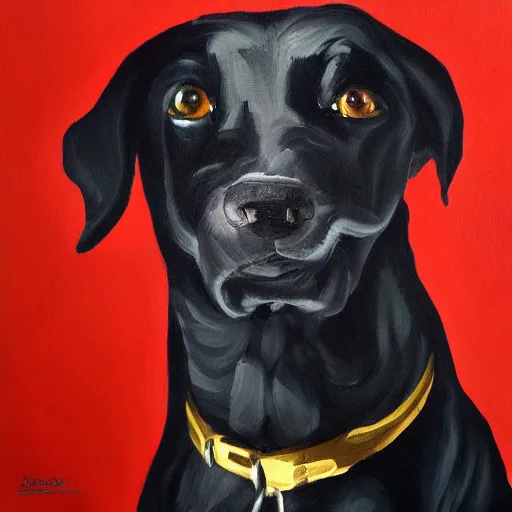 Image similar to modern stylized oil painting of retarded black dog, dramatic lighting