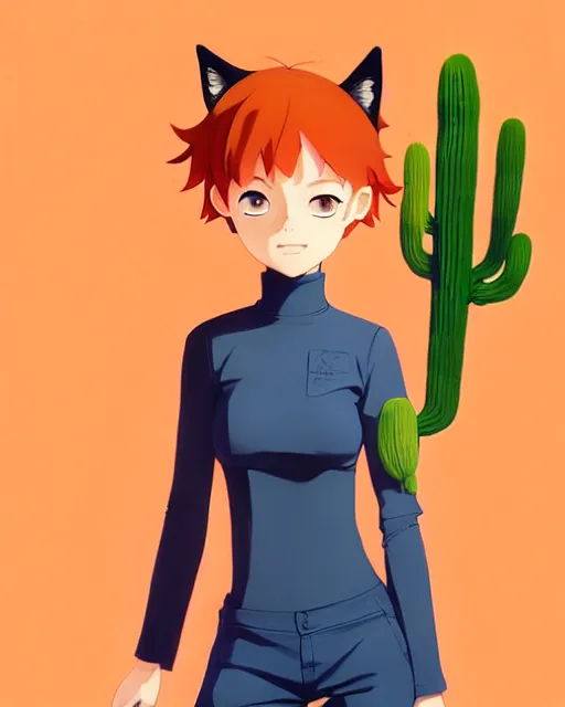 Image similar to portrait of cute redhead foxgirl in orange jumpsuit with fox ears by ilya kuvshinov, holding a cactus, cloudy sky background lush landscape illustration concept art anime key visual trending pixiv fanbox by wlop and greg rutkowski and makoto shinkai and studio ghibli