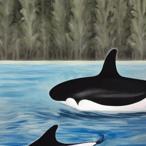 Image similar to a painting of a group of orca's swimming in a lake, a storybook illustration by sarah louisa kilpack, featured on deviantart.