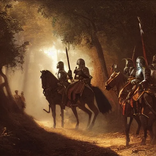 Image similar to a group of medieval european knights are riding in a column through a dark wood along a small stream, highly detailed, digital painting, sharp focus, by alber bierstadt greg rutkowski