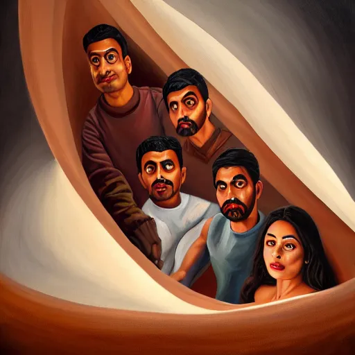 Prompt: a painting of three brown men and a brown woman emerging out of a giant open book, hyperrealistic faces, detailed digital art, aesthetic!, trending on artstation, anatomically correct