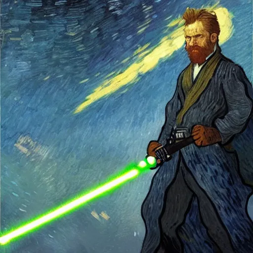 Prompt: van gogh as a star wars jedi knight, cinematic lighting, highly detailed, concept art, art by wlop and artgerm and greg rutkowski, masterpiece, trending on artstation, 8 k