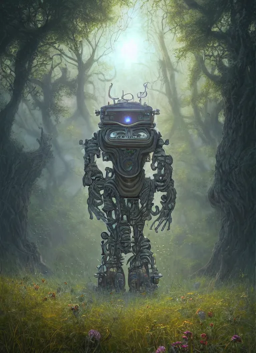 Image similar to Portrait of an Ancient overgrown Robot laying in a clearing, extremly detailed digital painting, sunlight, in the style of Tomasz Alen Kopera and Fenghua Zhong and Peter Mohrbacher, mystical colors, rim light, beautiful lighting, 8k, stunning scene, raytracing, octane, trending on artstation