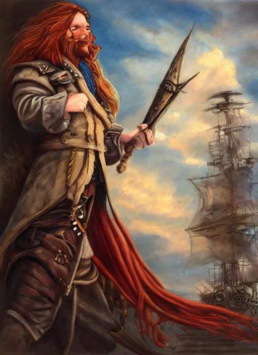 Image similar to epic fantasy portrait painting of a long haired, red headed male sky - pirate in front of an airship in the style of the simpsons