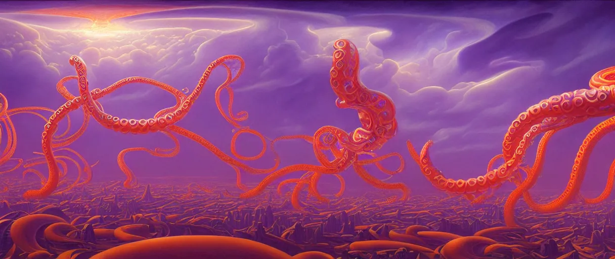 Prompt: surreal ornate sky city of atlantis on giant orange and purple cyborg tentacles coming out of puffy clouds matte painting concept art alex grey kay sage sorayama cinematic soft red lighting high angle hd 8k sharp shallow depth of field