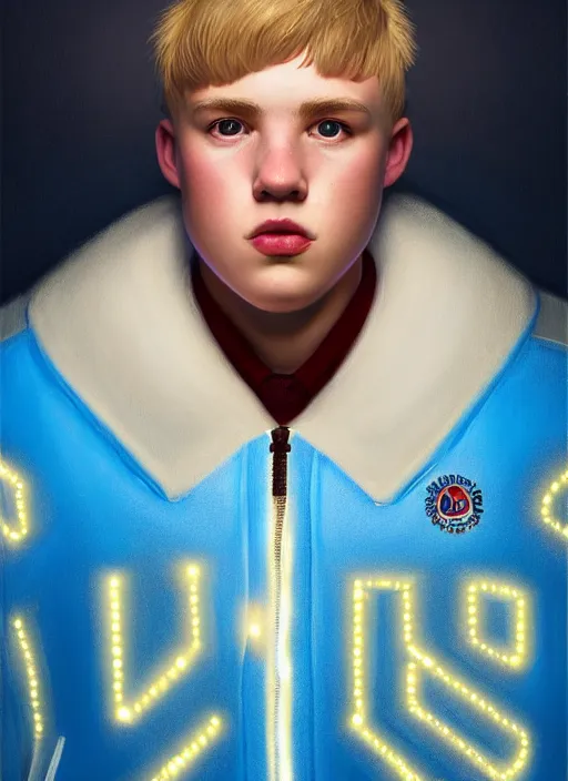 Image similar to portrait of high school senior boy named big moose, blonde short hair, jock, beefy, wide face, square jaw, square facial structure, blue varsity jacket with letter r, intricate, elegant, glowing lights, highly detailed, digital painting, artstation, concept art, sharp focus, illustration, art by wlop, mars ravelo and greg rutkowski