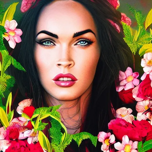 Image similar to “Megan Fox Red composed of flowers, ultra detailed portrait, 4k resolution”