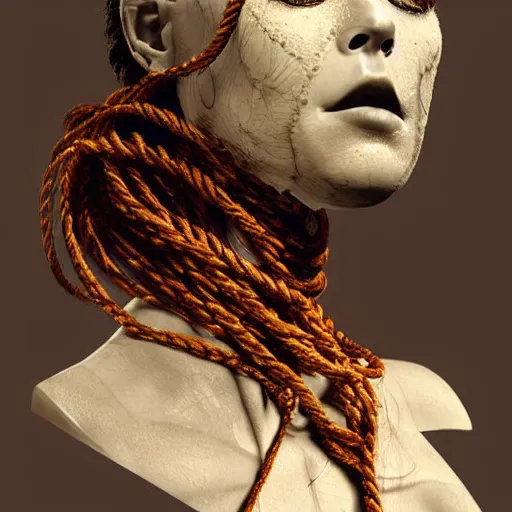 Prompt: portrait of a Shibari rope wrapped face and neck of a store mannequin, headshot, insanely nice professional hair style, dramatic hair color, digital painting, of a old 13th century, traveler, amber jewels, baroque, ornate clothing, scifi, realistic, hyper detailed, chiaroscuro, concept art, art by Franz Hals and Jon Foster and Ayami Kojima and Amano and Karol Bak,