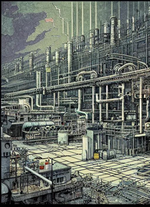 Image similar to illustration of a 2 0 8 0 desolate industrial factory nuclear scene by shaun tan, clean, emptyness, torn paper decollage, graphic novel, oil on canvas by edward hopper, ( by mattias adolfsson ), by moebius