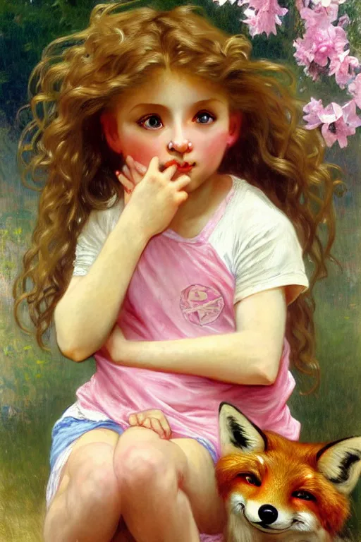 Image similar to a seven - year old girl with long curly dirty blonde hair, blue eyes, tan skin, a pink tee shirt, shorts, playing with a fox, painting by daniel gerhartz, alphonse mucha, bouguereau, detailed art, artstation