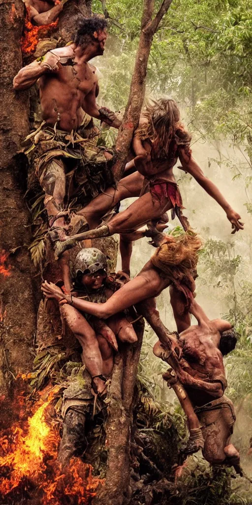 Image similar to editorial photo of brutal battle in burning jungle, african and Amazonian climbing onto another and fight, epic, vintage, blood, slight inspiration of Boris vallejo and apocalypto, war photography